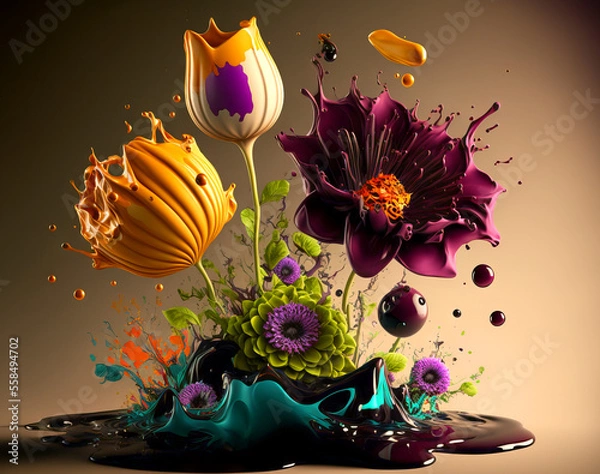 Fototapeta A Colorful arrangement of flowers with liquid splashes.
Generative ai