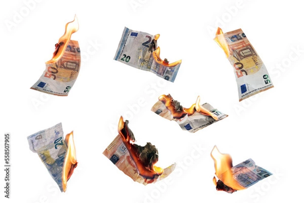 Obraz Burning money, collection of twenty and fifty euro paper banknotes with flames isolated, finance concept for inflation, currency and investment risk, selected focus