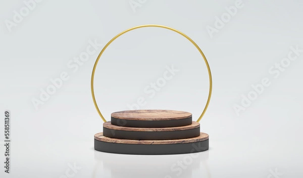 Fototapeta Scene with wooden and black podium and golden circle isolated on white background. Luxury minimal background. 3d rendering