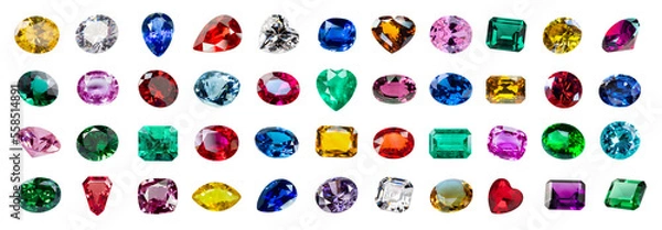 Fototapeta Jewel or gems isolated on white background, Collection of many different natural gemstones