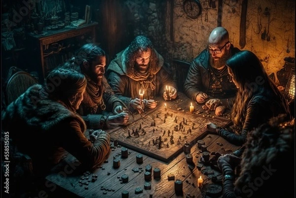 Fototapeta Sceneria odgrywania ról w wnętrzu Fantasy Dungeon z postaciami grającymi w tablety rpg gry