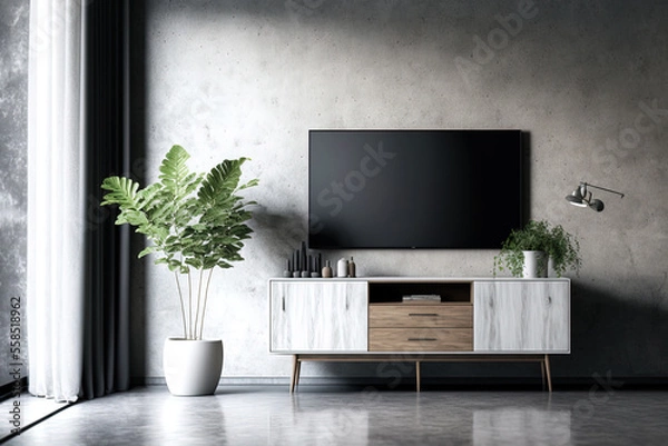 Fototapeta Mockup of a TV cabinet on a concrete wall in a living room. Generative AI