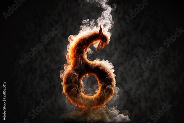 Obraz Number 8 in the artistic monster smoking alphabet is formed of thick smoke or fog and is shown alone on a black backdrop. Generative AI