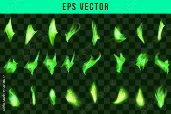 Fototapeta Magic green flame. Realistic fire isolated on black background. Special burning light effect with sparks for design and decoration. Vector Illustration