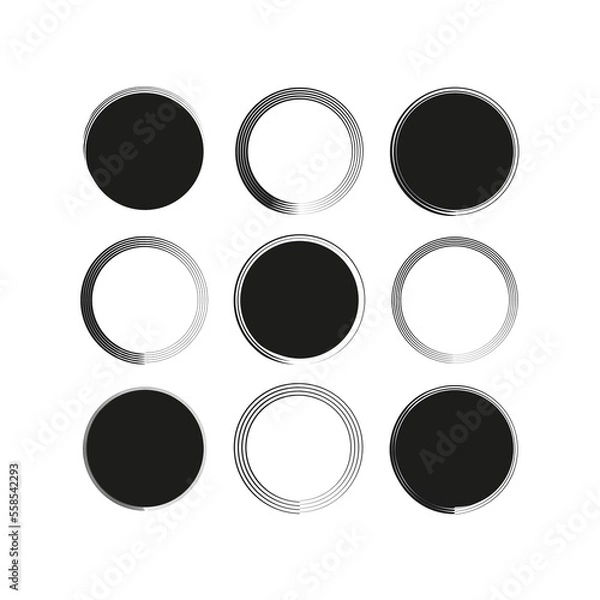 Fototapeta Brush circles in line art style. Round frame set. Grunge texture. Vector illustration. stock image.