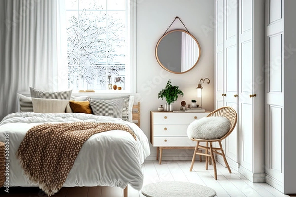 Fototapeta White room in the Scandinavian style with a cabinet, an armchair, a round mirror on the wall, and a wooden bed with pillows and a blanket. Actual image. Generative AI