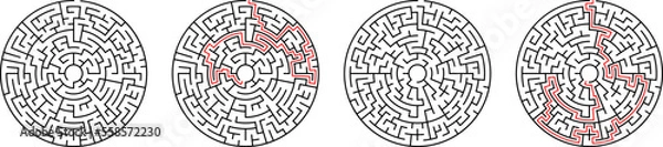 Fototapeta Maze Labyrinth for kids with solution. Simple puzzle logic game. Round circle mazes riddle
