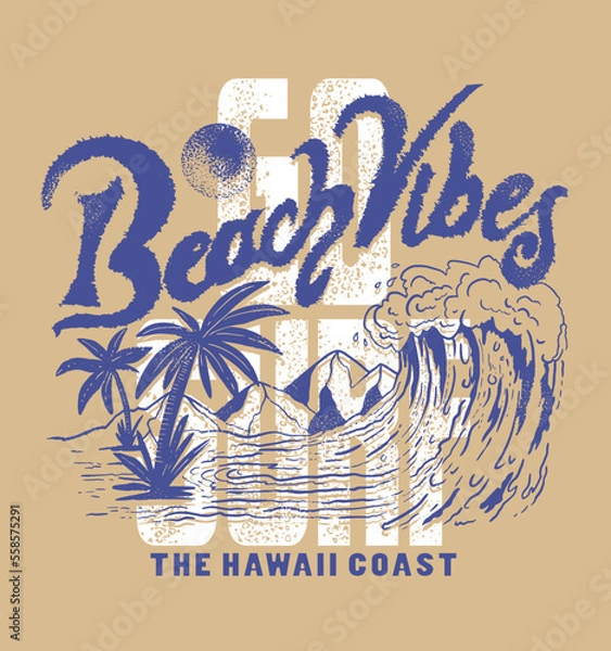 Fototapeta beach vıbes.Go surf.Line style vector surfing badge. For t-shirt prints, posters and other uses.