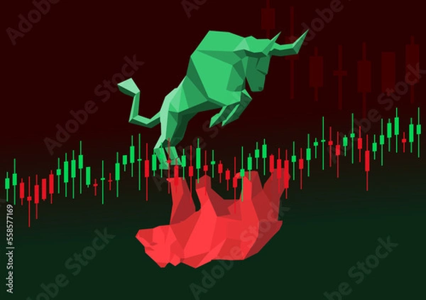 Obraz Bull vs bear struggle. Bullish and bearish market. Cryptocurrency or stock candlestick chart graphic illustration. Bulls fight bears. Vector poster.