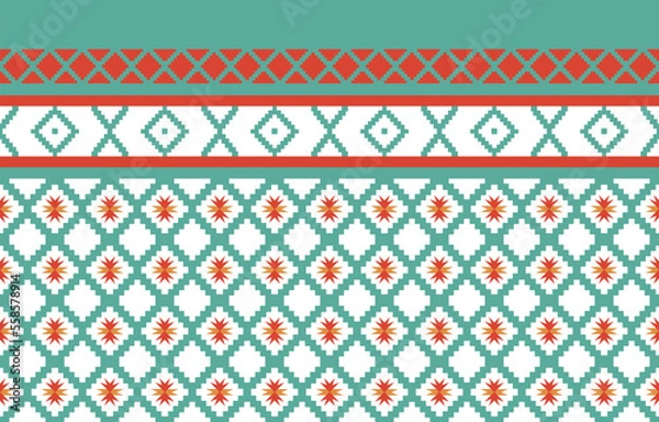 Obraz Geometric Aztec style with green and orange. Mosaic on the tile.  African Moroccan pattern. Ethnic carpet. Majolica. Ancient interior. Asian rug. Tribal vector ornament. textile native pattern fabric.