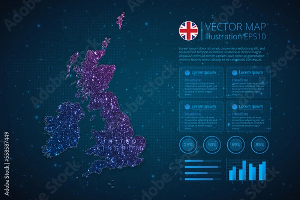 Fototapeta United Kingdom map infographics template for diagram, graph, presentation and chart with abstract geometric mesh polygonal light concept on blue background. Vector Illustration EPS10.