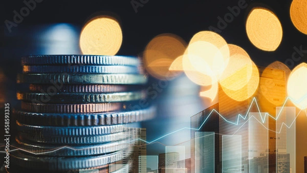 Fototapeta Double exposure of graph, tall building and rows of coins for finance and business concept      
