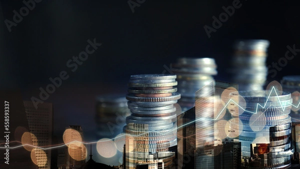 Fototapeta Double exposure of graph, tall building and rows of coins for finance and business concept      