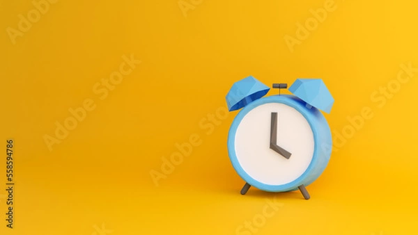 Fototapeta Alarm clock in low poly style on yellow background 3D illustration