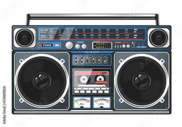 Fototapeta Boombox vector illustration. 80s technology. 90s music player. Retro style 90s boombox illustration.