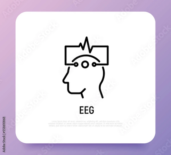 Obraz EEG: human head with electrodes thin line icon. Medical research. Diagnostic of brain activity. Modern vector illustration.