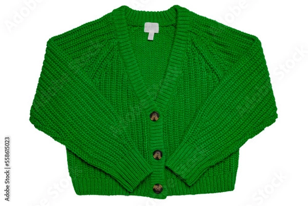 Obraz Casual elegant fluffy long-sleeved cardigan with V-neck and button closure isolated on a white background. Womens green sweater or jumper. Autumn and winter fashion.