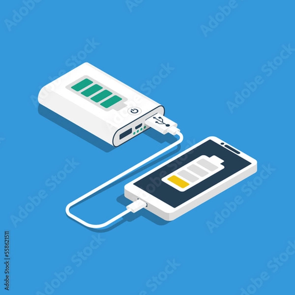 Fototapeta Low smartphone battery. Smartphone is charged from the power bank. Device for phones and other gadgets. Mobile phone is charging from the battery. Vector illustration flat design. USB cable.