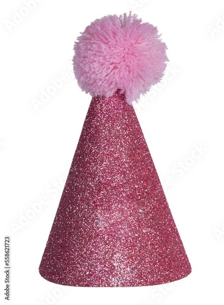 Fototapeta Realistic pink glitter party hat with pompon on top. Isolated cutout on a transparent background.