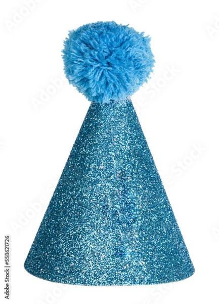 Fototapeta Realistic blue glitter party hat with pompon on top. Isolated cutout on a transparent background.