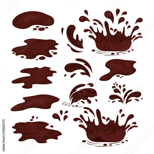 Fototapeta The chocolate is flowing. Puddles, splashes, drops. Vector set on a white background