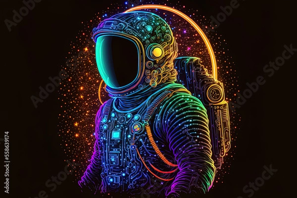 Fototapeta Neon raster artwork of a space suit for scientific investigation of the universe. Generative AI