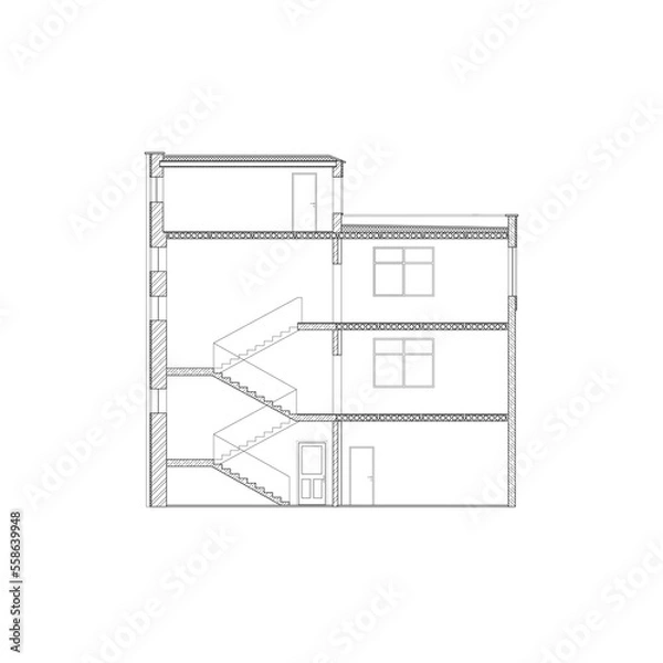 Obraz Detailed multi-storey building. Cross-section house. Vector black and white blueprint.