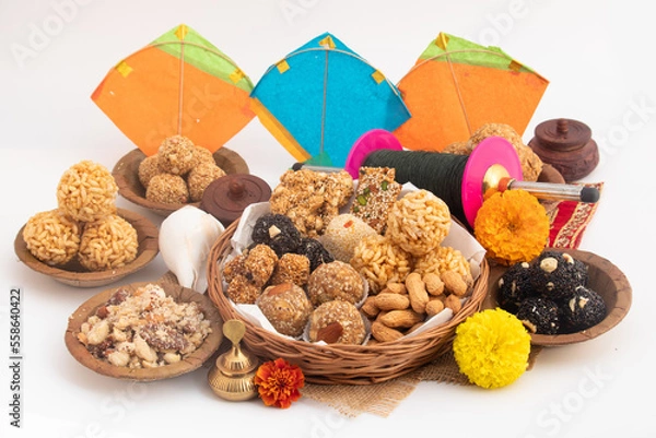 Obraz Indian Winter Delicacy viz. Tilgul, Til Mithai, Gajak, Chikki, Tilkut, Patang, Firki And Peanuts. Harvest Festival Makar Sankranti, Lohri, Uttarayan, Maghi, Poush Sankranthi Or Magh Bihu Theme
