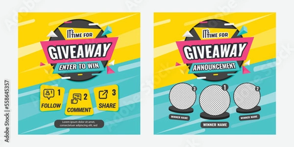Fototapeta Giveaway quiz contest and announcement for social media feed. Vector template prize win competition with steps
