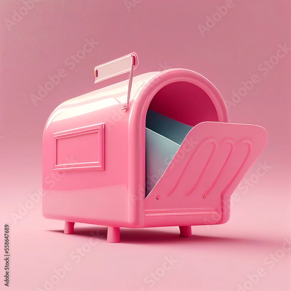 Fototapeta Newsletter concept with a pink mailbox with a letter, metal render design, and pink background.