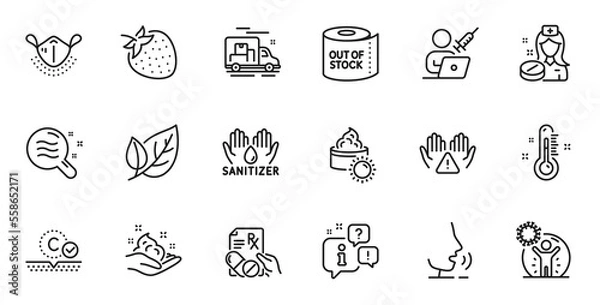 Fototapeta Outline set of Coronavirus protection, Medical mask and Prescription drugs line icons for web application. Talk, information, delivery truck outline icon. Vector