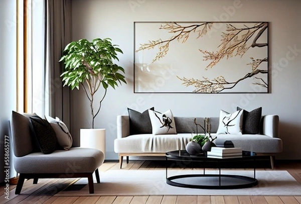 Fototapeta A frame mockup in a Feng Shui living room