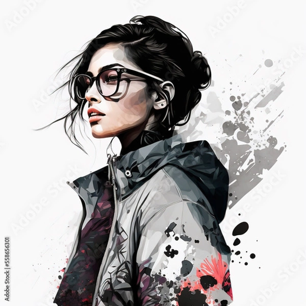 Fototapeta Beautiful young woman in sunglasses and jacket  portrait. Abstract fashion watercolor illustration. Fashion model. Sketch. Fashion woman. Generative AI