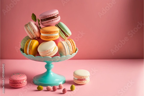 Obraz ピンクの背景にマカロン Generative AI