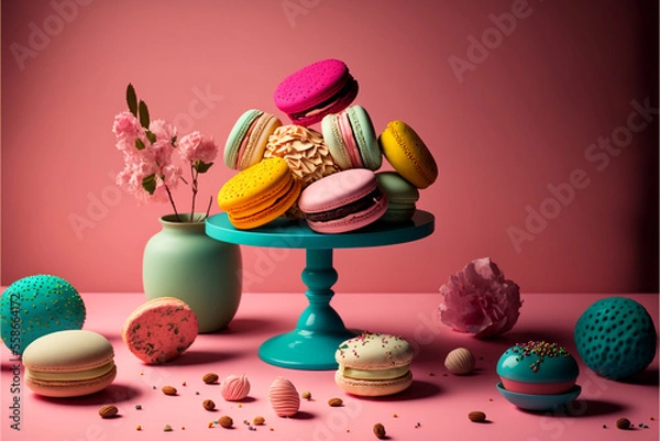 Obraz ピンクの背景にマカロン Generative AI