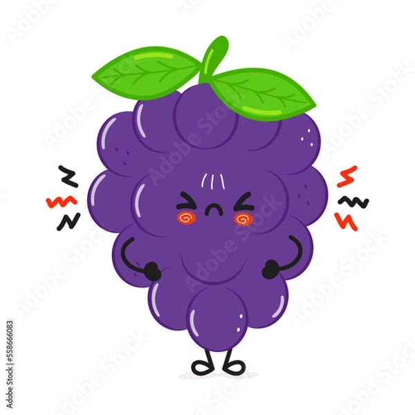 Fototapeta Cute angry grape character. Vector hand drawn cartoon kawaii character illustration icon. Isolated on white background. Sad grape character concept