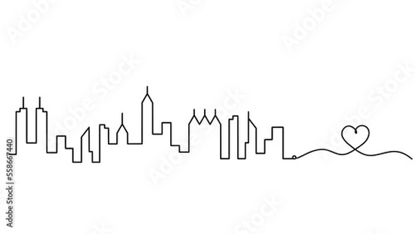 Fototapeta Abstract panoramic landscape with heart as continuous lines drawing on white