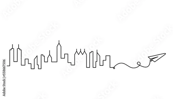 Fototapeta Abstract panoramic landscape with paper plane as continuous lines drawing on white