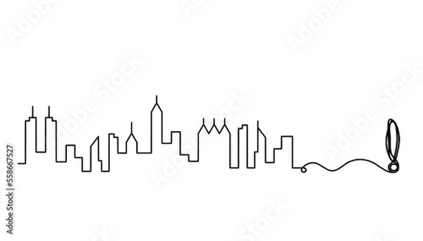 Fototapeta Abstract panoramic landscape with exclamation mark as continuous lines drawing on white