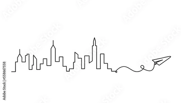 Fototapeta Abstract panoramic landscape with paper plane as continuous lines drawing on white