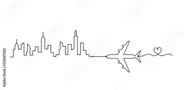 Fototapeta Abstract panoramic landscape with plane as continuous lines drawing on white. Vector