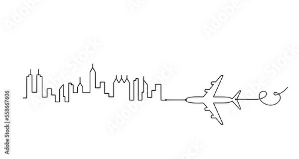 Fototapeta Abstract panoramic landscape with plane as continuous lines drawing on white. Vector