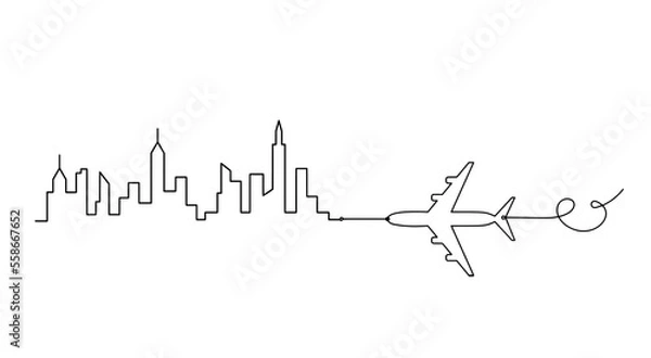 Fototapeta Abstract panoramic landscape with plane as continuous lines drawing on white. Vector