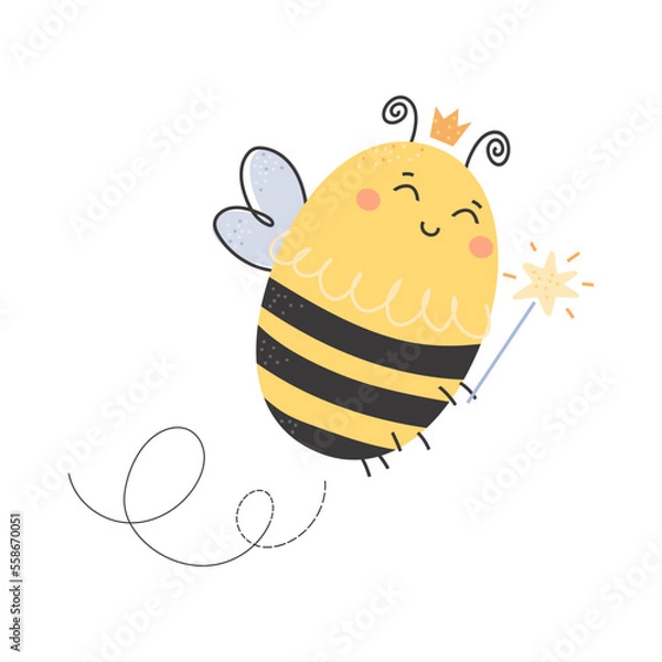 Fototapeta Cute Queen bee character. Hand drawn Flying Bumblebee. Ideal for poster, nursery decoration, card, invitation, print..Cartoon honey bees vector illustration isolated on white background