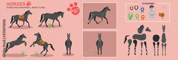 Obraz Black Horse ready to animate with multiple poses accessories. Vector file labeled ready to rig. Horse riding, horse jumping, horses playing. Horse saddled