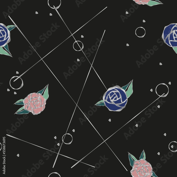 Obraz seamless pattern with roses and silver lines on black background made in retro style, circles and lines backdrop