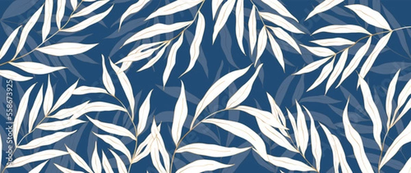 Fototapeta Botanical line art with tropical leaves. White foliage on blue background, for invitation, wall art or template. Vector art deco illustration. luxury trendy leaf art.