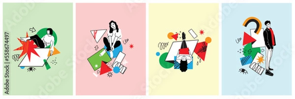 Fototapeta Hand drawn vector illustration of people in different poses and various geometric shapes. Outline characters, colorful abstract figures