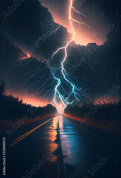 Fototapeta lightning over a road