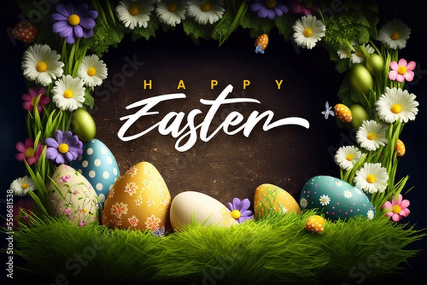 Fototapeta Happy Easter background with message, rustic easter eggs and flowers scene